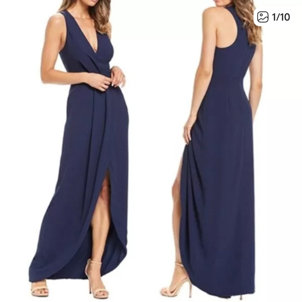NWT- Dress the Population Navy Blue Sleeveless Faux Wrap Plunge Maxi Dress